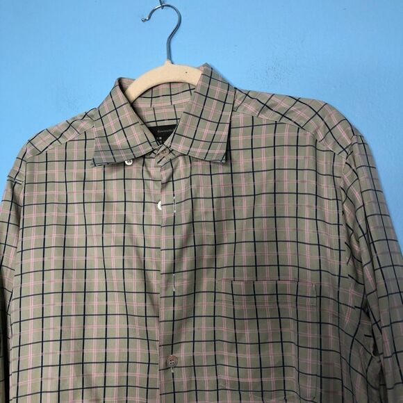 Ermenegildo Zegna Shirt Mens Medium Green Pink Blue Plaid Button Front Cotton - Picture 4 of 8